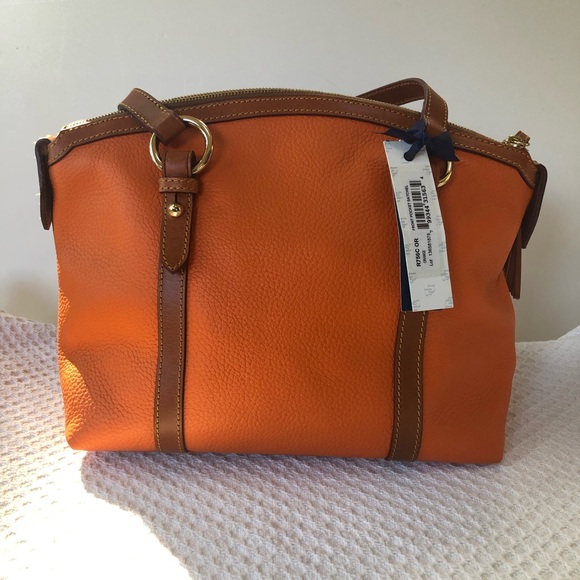 Authentic Dooney & Bourke Front Pocket Satchel Orange Leather and Brown Trim - Picture 2 of 13